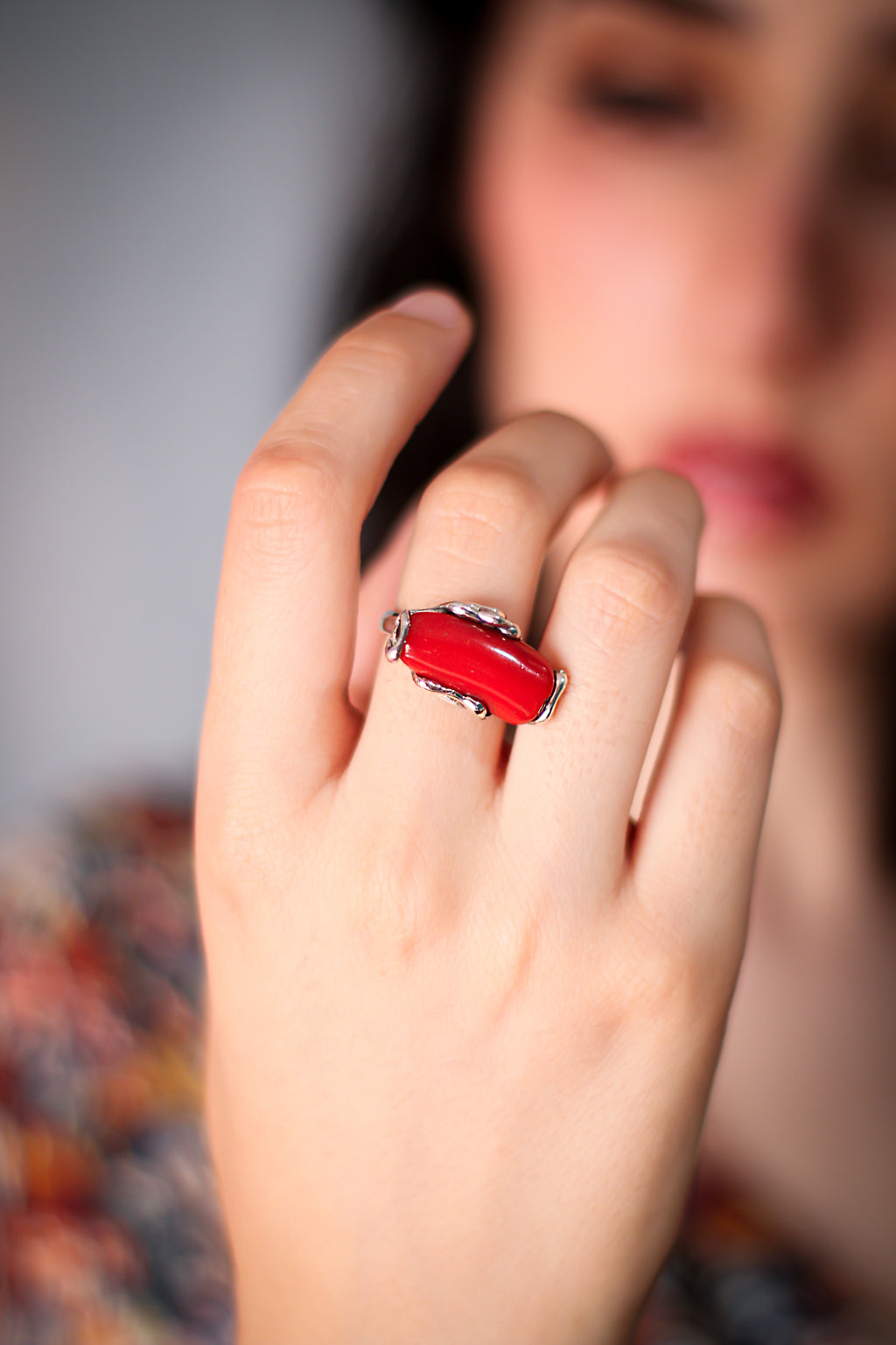 SILVER AND CORAL RING